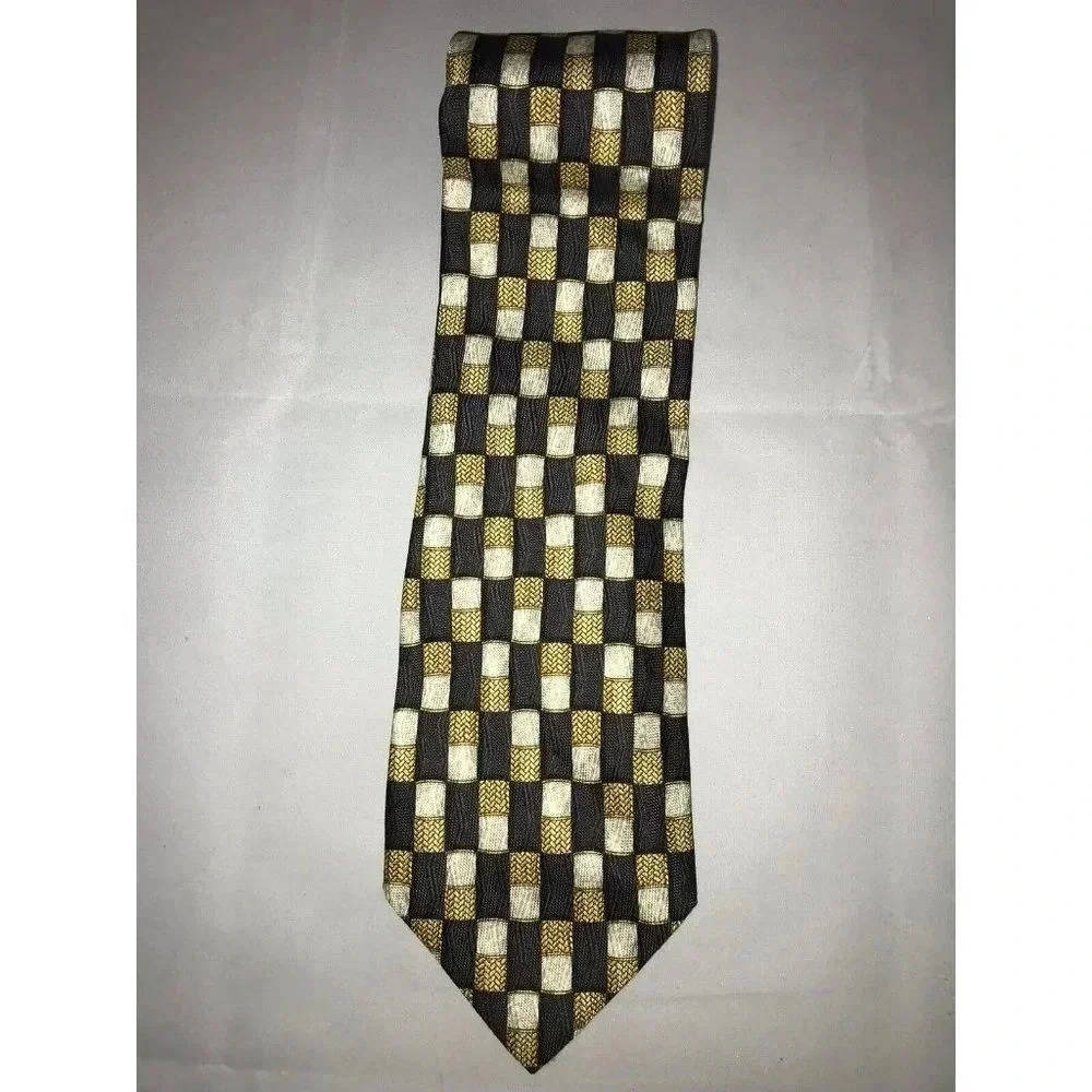 Valentino Cravatte Brown Gold Checker Weave Check 100% Silk Classic Neck Tie